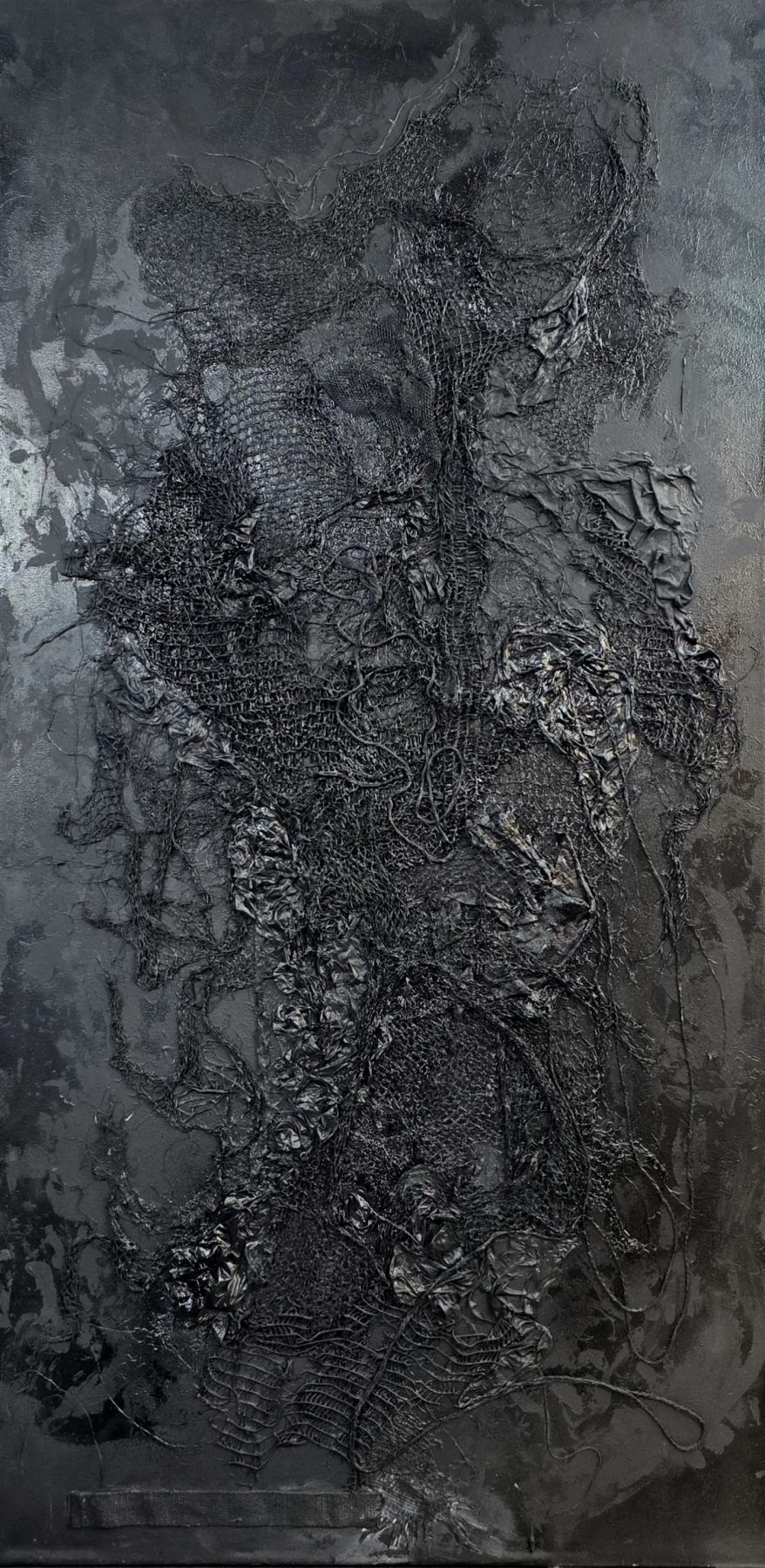 Consilience, 2024, Assemblage — used polypropylene nets, fabric, acrylic and oil on canvas