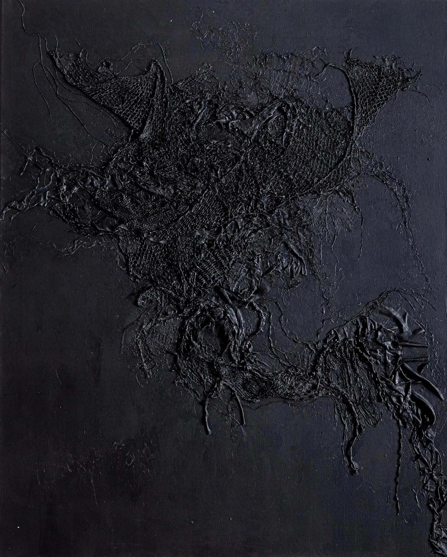 The Most Beautiful of Sorrows, 2020, Assemblage — used polypropylene nets, fabric, acrylic and oil on canvas
